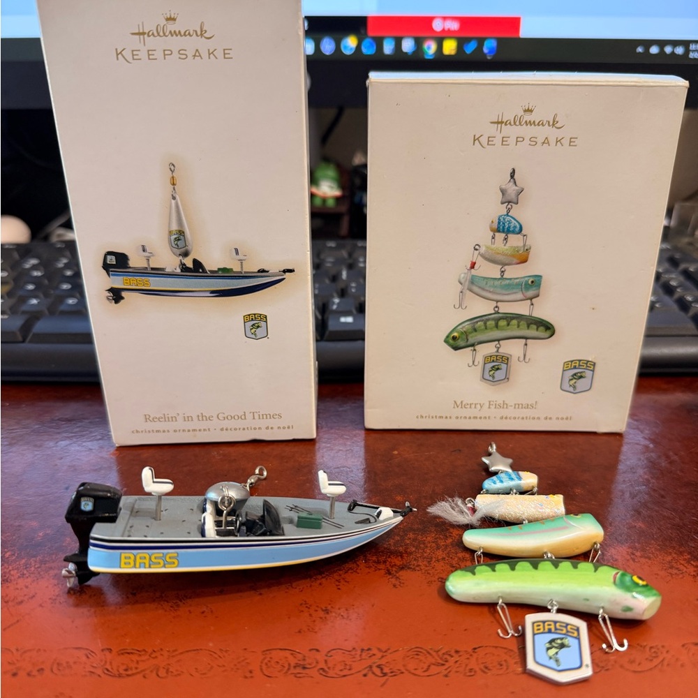 2 Hallmark Keepsake BASS Boat and BASS Lure Ornaments